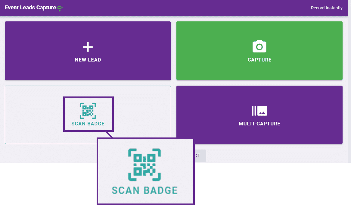 Scan a QR code or barcode on a badge, or paste text or a URL. Data is parsed into lead fields.